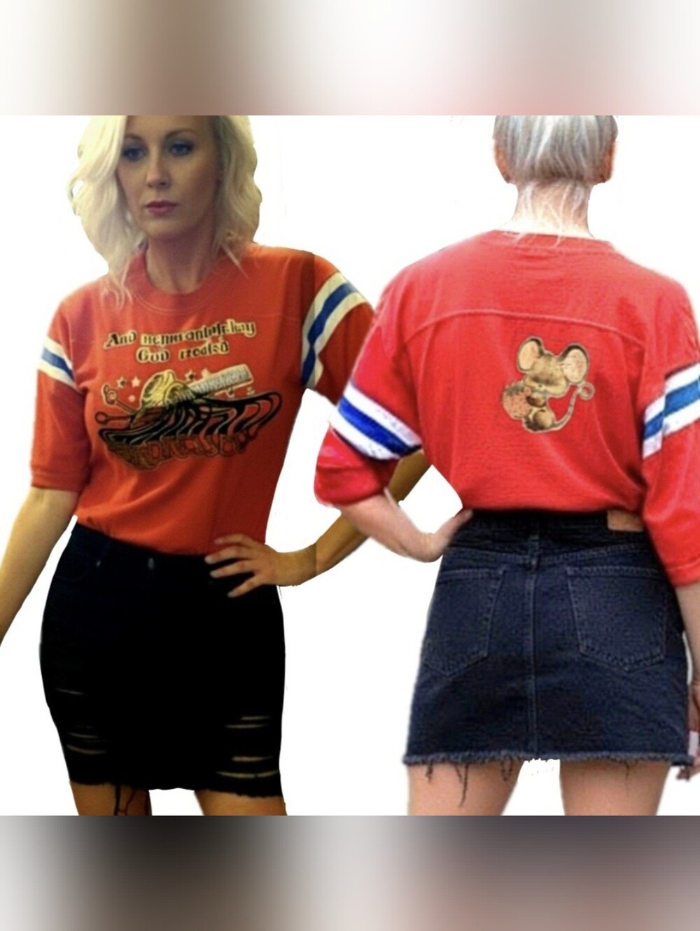 Vtg 70s glitter hairdresser graphics red raglan baseball single stitch shirt XL